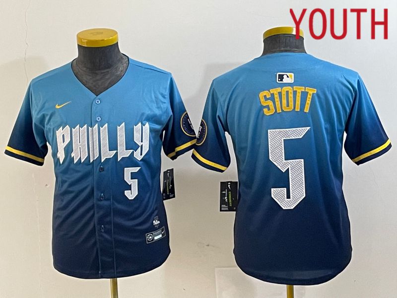 Youth Philadelphia Phillies #5 Stott Blue City Edition Nike 2024 MLB Jersey style 4